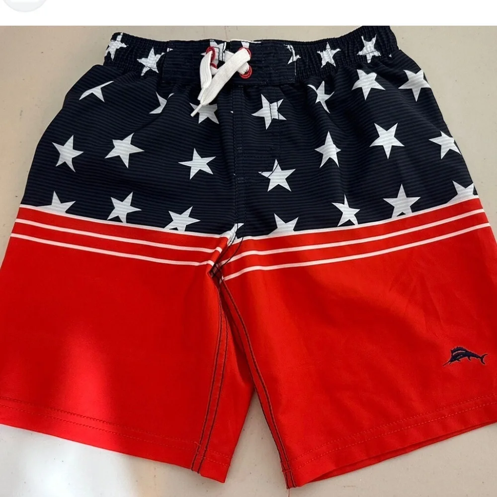 Tommy Bahama Boys Swim Shorts Trunks Red White Blue Pocket UV50 Sz 8